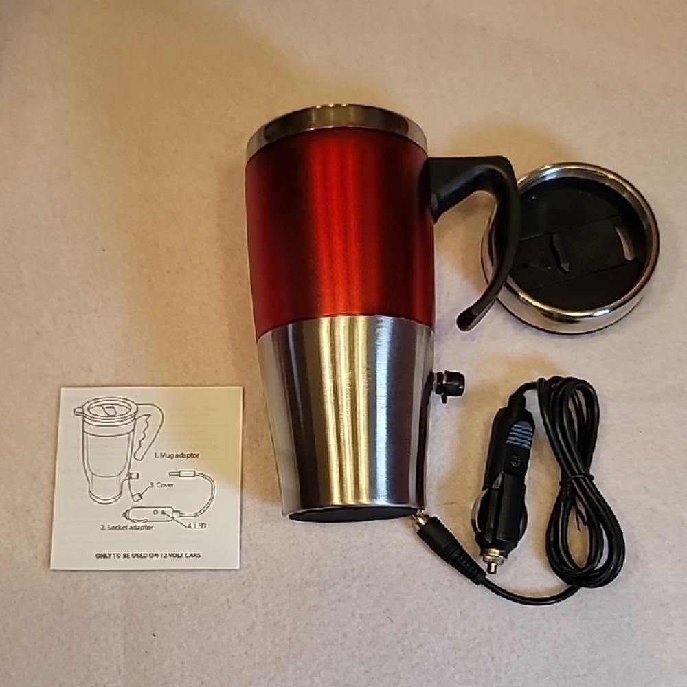 0800. NEW ~ Heated Travel Mug - Red & Silver ~ 12 Volt ~ 15oz. - Picture 4 of 9